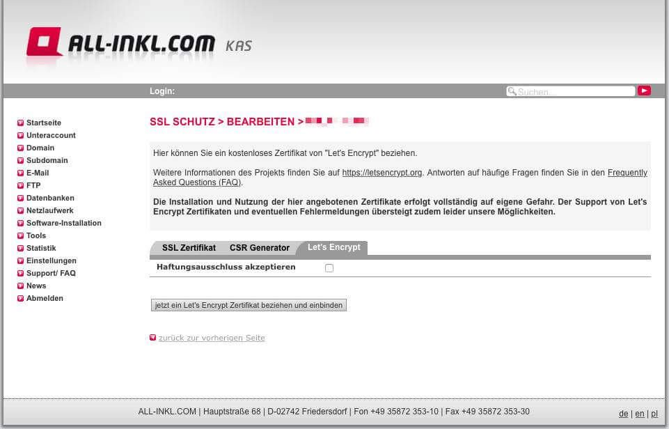 Aktivieren des Let’s Encrypt Zertifikats bei All-Inkl