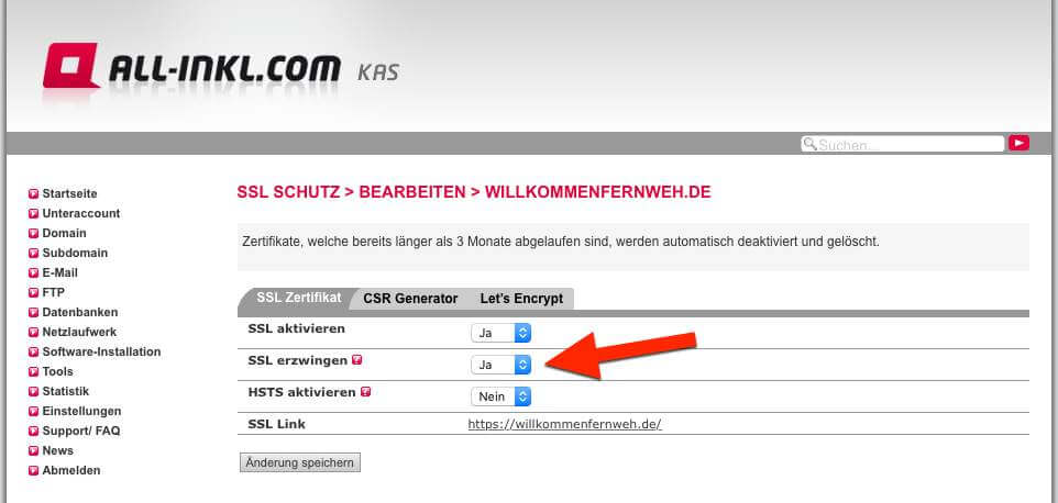 Permanente Weiterleitung (Redirect 301) durch "SSL erzwingen“ bei All-Inkl